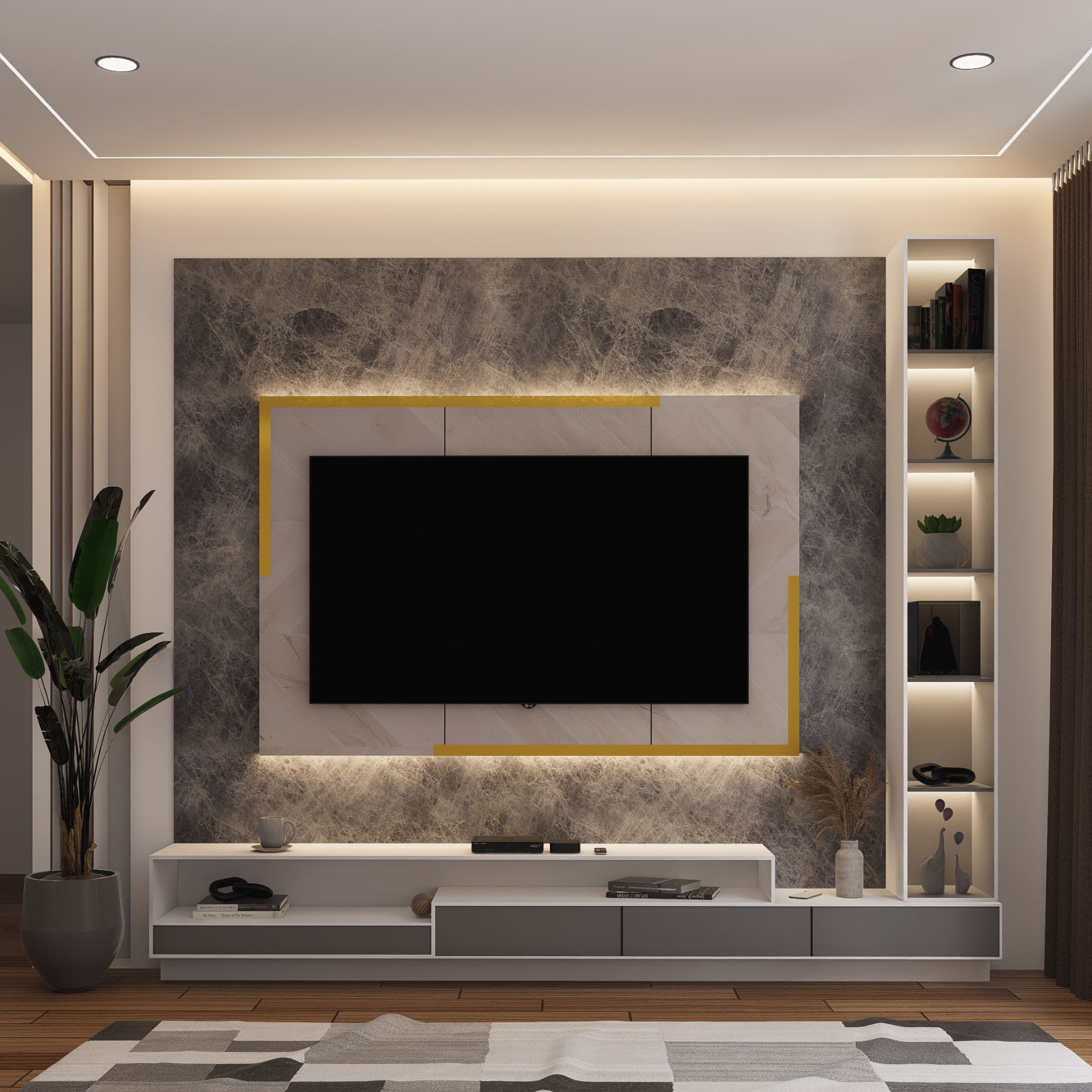 Living room media wall with recessed ambient lighting